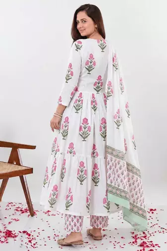 Women's Floral Printed Cotton Anarkali Kurta Set with Pants and Dupatta