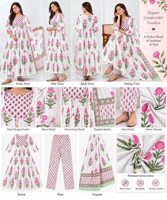 Women's Floral Printed Cotton Anarkali Kurta Set with Pants and Dupatta 4