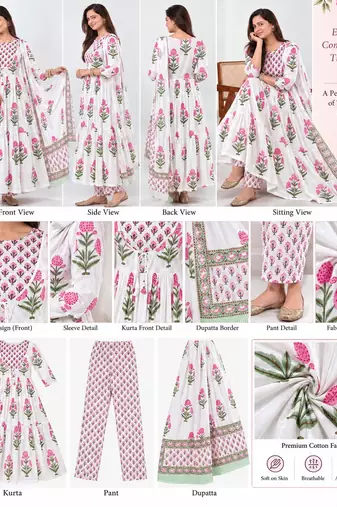 Women's Floral Printed Cotton Anarkali Kurta Set with Pants and Dupatta