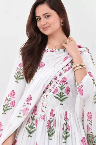 Women's Floral Printed Cotton Anarkali Kurta Set with Pants and Dupatta
