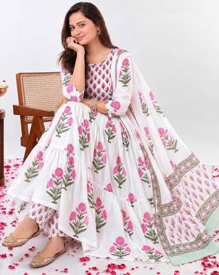 Women's Floral Printed Cotton Anarkali Kurta Set with Pants and Dupatta 6