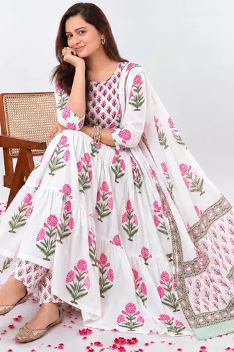 Women's Floral Printed Cotton Anarkali Kurta Set with Pants and Dupatta