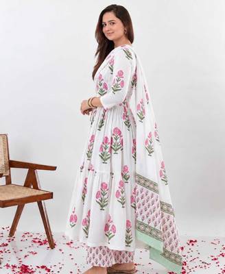 Women's Floral Printed Cotton Anarkali Kurta Set with Pants and Dupatta 7