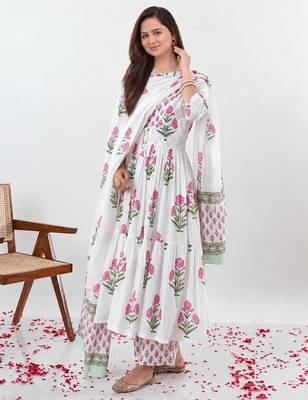 Women's Floral Printed Cotton Anarkali Kurta Set with Pants and Dupatta 8