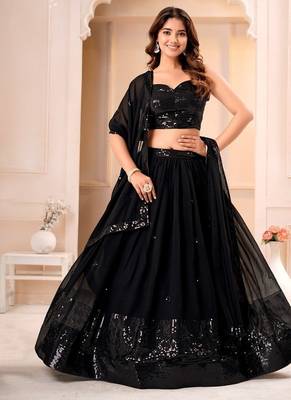BLACK GEORGETTE EMBROIDERY WORK PARTY WEAR LEHENGA CHOLI  1