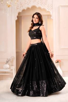 BLACK GEORGETTE EMBROIDERY WORK PARTY WEAR LEHENGA CHOLI  2