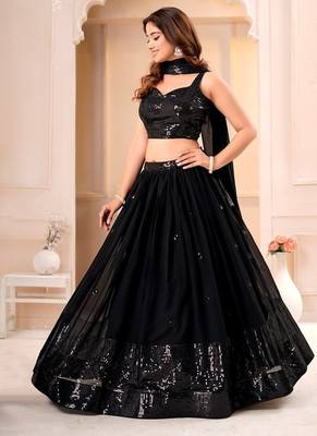 BLACK GEORGETTE EMBROIDERY WORK PARTY WEAR LEHENGA CHOLI  3