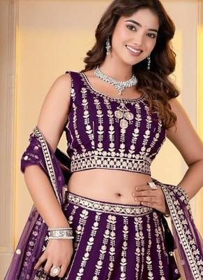 WINE GEORGETTE PARTY WEAR EMBROIDERY SEMI STITCHED LEHENGA CHOLI  2
