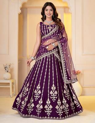 WINE GEORGETTE PARTY WEAR EMBROIDERY SEMI STITCHED LEHENGA CHOLI  3