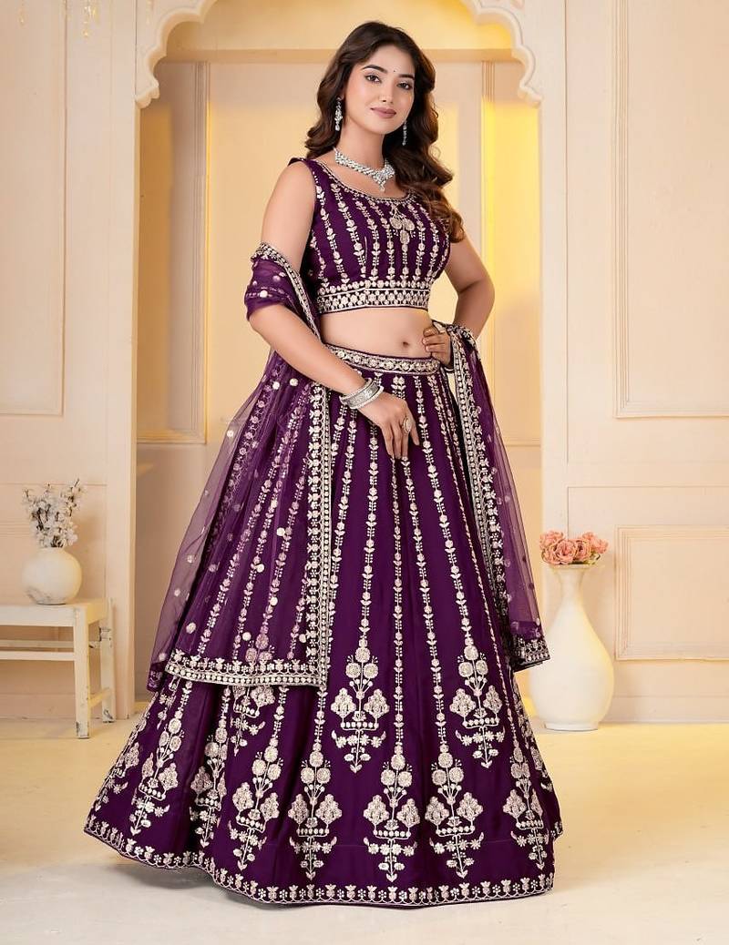 WINE GEORGETTE PARTY WEAR EMBROIDERY SEMI STITCHED LEHENGA CHOLI 