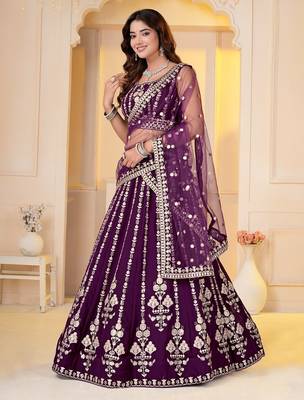 WINE GEORGETTE PARTY WEAR EMBROIDERY SEMI STITCHED LEHENGA CHOLI  4