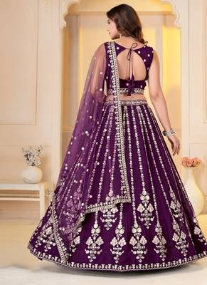 WINE GEORGETTE PARTY WEAR EMBROIDERY SEMI STITCHED LEHENGA CHOLI  5