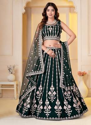 DARK GREEN  GEORGETTE PARTY WEAR EMBROIDERY SEMI STITCHED LEHENGA CHOLI  1