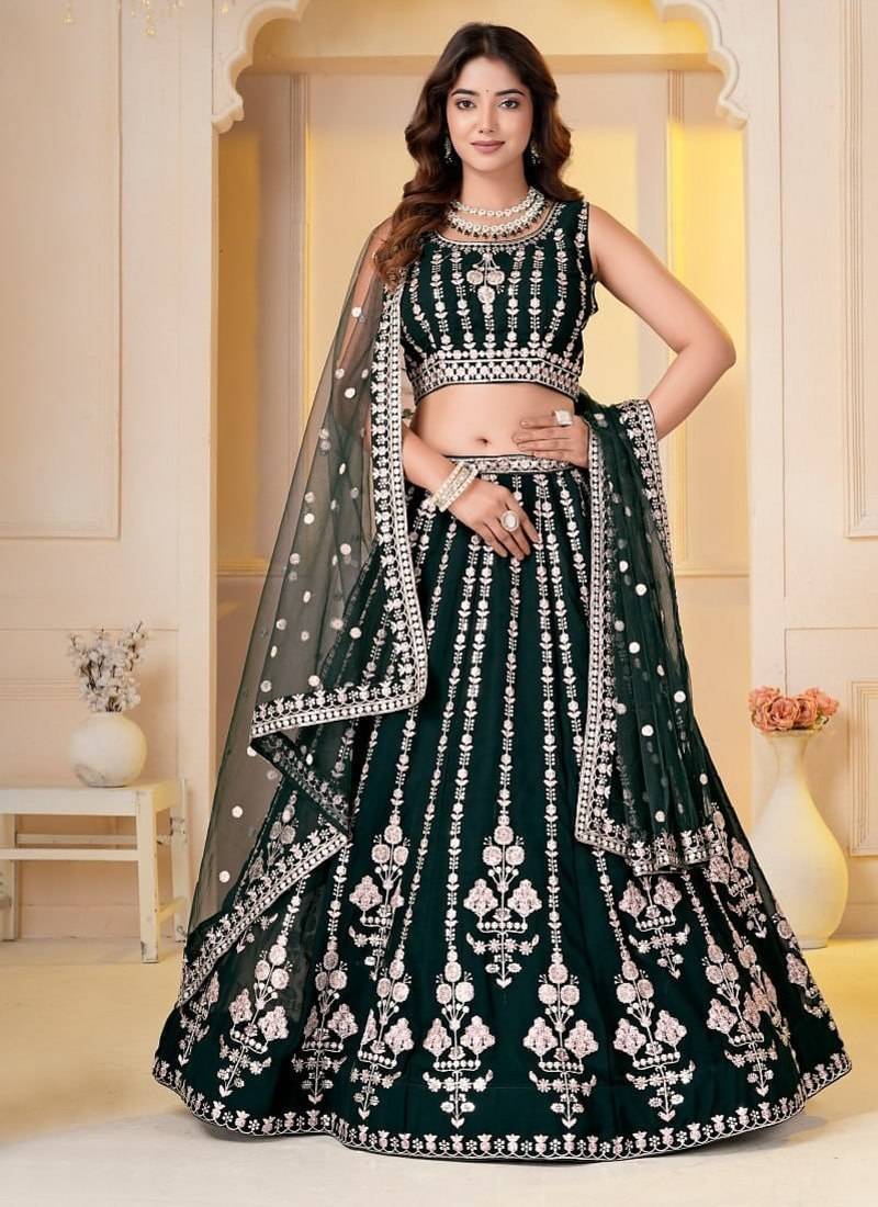 DARK GREEN  GEORGETTE PARTY WEAR EMBROIDERY SEMI STITCHED LEHENGA CHOLI 