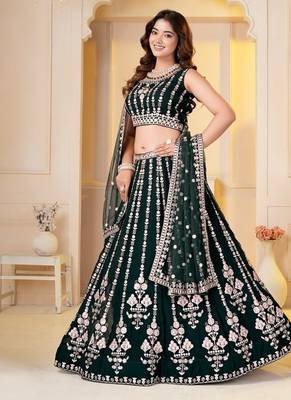 DARK GREEN  GEORGETTE PARTY WEAR EMBROIDERY SEMI STITCHED LEHENGA CHOLI  2