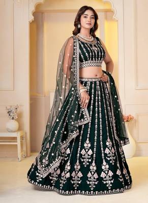 DARK GREEN  GEORGETTE PARTY WEAR EMBROIDERY SEMI STITCHED LEHENGA CHOLI  3