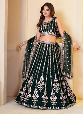 DARK GREEN  GEORGETTE PARTY WEAR EMBROIDERY SEMI STITCHED LEHENGA CHOLI  4