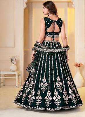 DARK GREEN  GEORGETTE PARTY WEAR EMBROIDERY SEMI STITCHED LEHENGA CHOLI  5