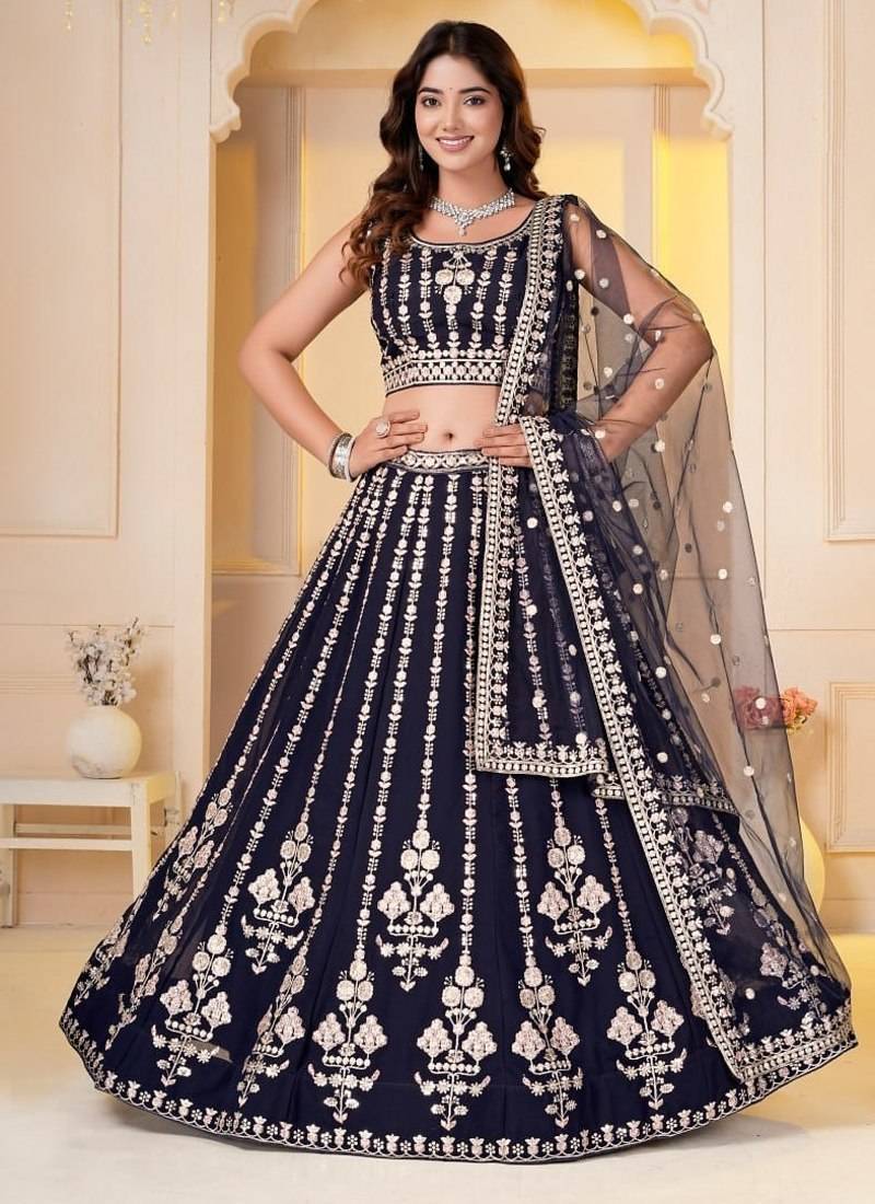NAVY BLUE GEORGETTE EMBROIDERY PARTY WEAR LEHENGA CHOLI