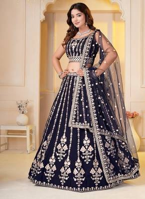 NAVY BLUE GEORGETTE EMBROIDERY PARTY WEAR LEHENGA CHOLI 2