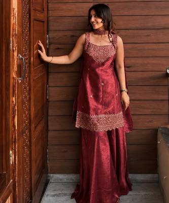  Embroidery Work Fendy Straight Kurta Sharara and Dupatta Set 1