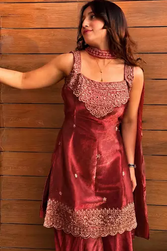  Embroidery Work Fendy Straight Kurta Sharara and Dupatta Set