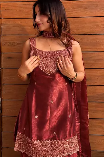  Embroidery Work Fendy Straight Kurta Sharara and Dupatta Set