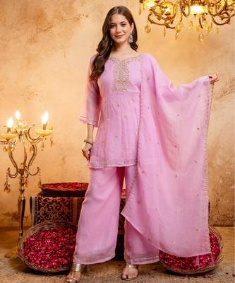  Embroidery Work Crunchy Straight Kurta Palazzo and Dupatta Set 1