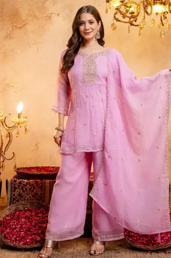  Embroidery Work Crunchy Straight Kurta Palazzo and Dupatta Set