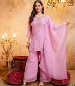  Embroidery Work Crunchy Straight Kurta Palazzo and Dupatta Set