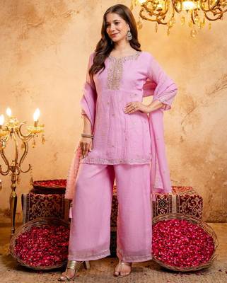  Embroidery Work Crunchy Straight Kurta Palazzo and Dupatta Set 3