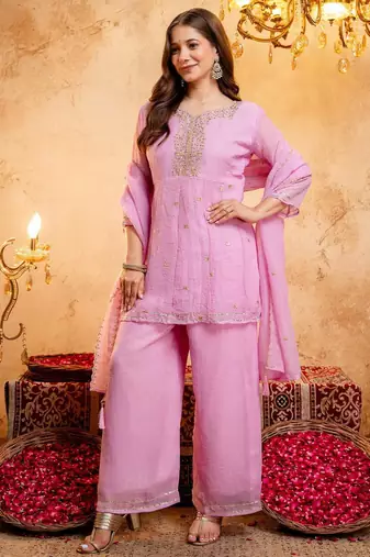  Embroidery Work Crunchy Straight Kurta Palazzo and Dupatta Set