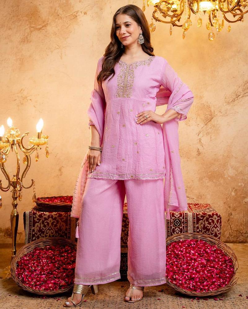  Embroidery Work Crunchy Straight Kurta Palazzo and Dupatta Set