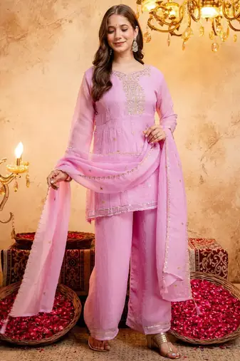  Embroidery Work Crunchy Straight Kurta Palazzo and Dupatta Set