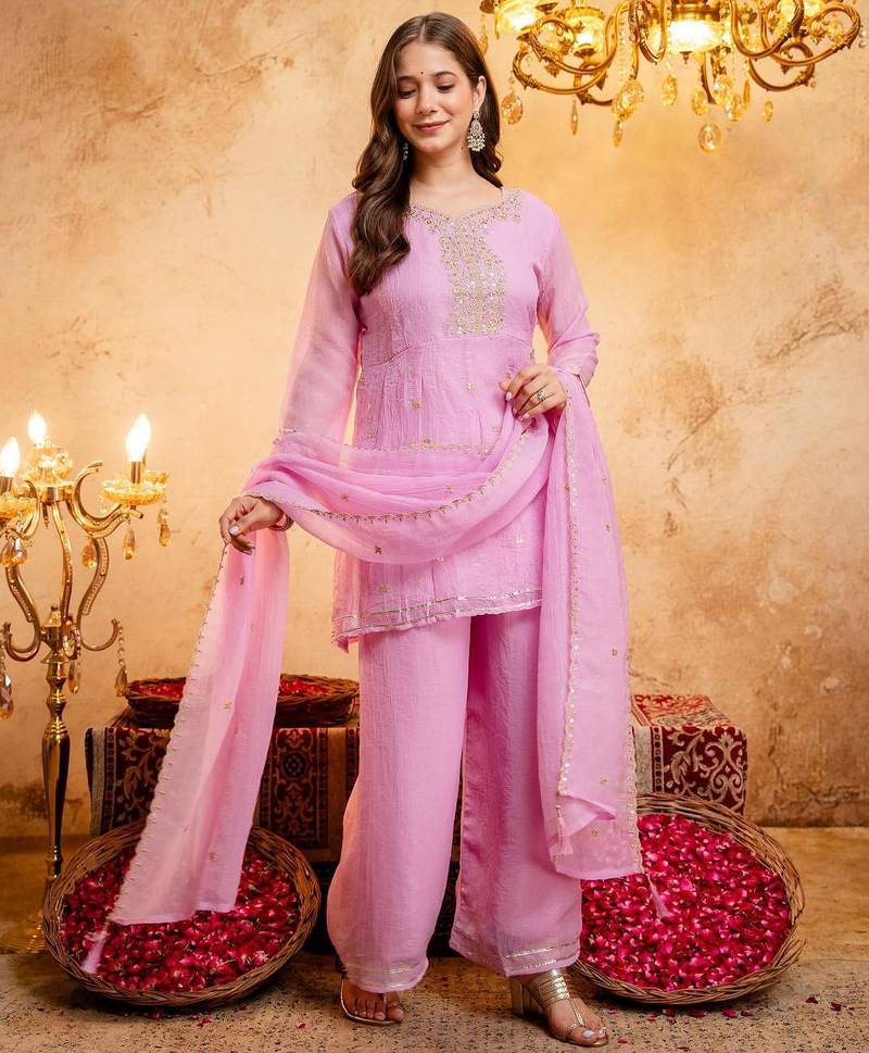  Embroidery Work Crunchy Straight Kurta Palazzo and Dupatta Set