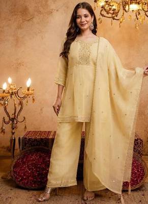  Embroidery Work Crunchy Straight Kurta Palazzo and Dupatta Set 1
