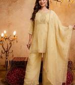  Embroidery Work Crunchy Straight Kurta Palazzo and Dupatta Set