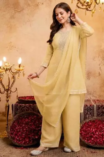  Embroidery Work Crunchy Straight Kurta Palazzo and Dupatta Set