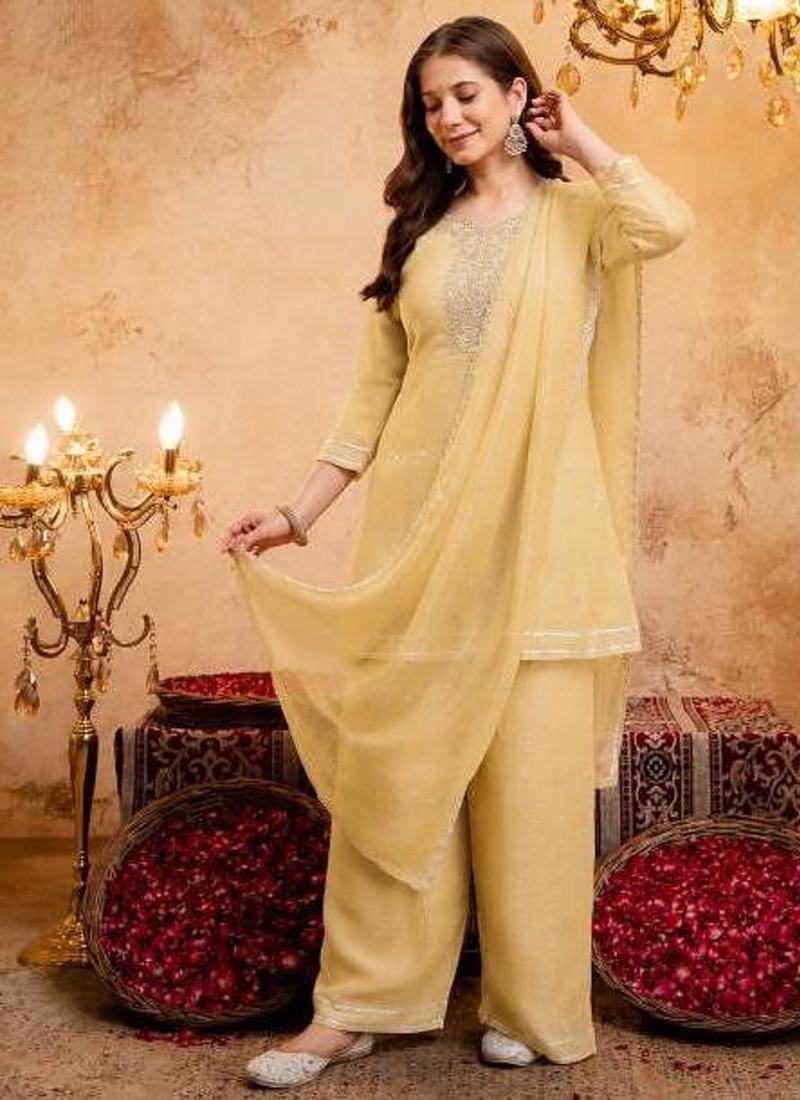  Embroidery Work Crunchy Straight Kurta Palazzo and Dupatta Set