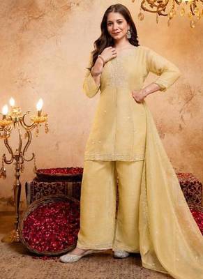  Embroidery Work Crunchy Straight Kurta Palazzo and Dupatta Set 5