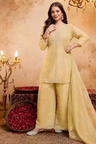  Embroidery Work Crunchy Straight Kurta Palazzo and Dupatta Set