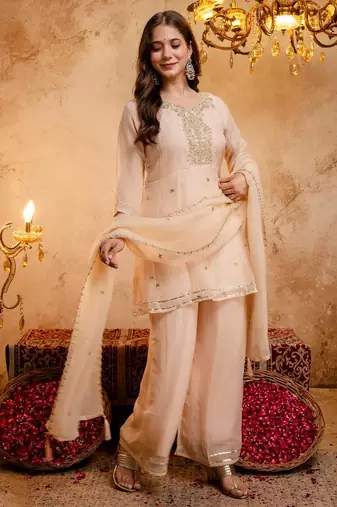  Embroidery Work Crunchy Straight Kurta Palazzo and Dupatta Set