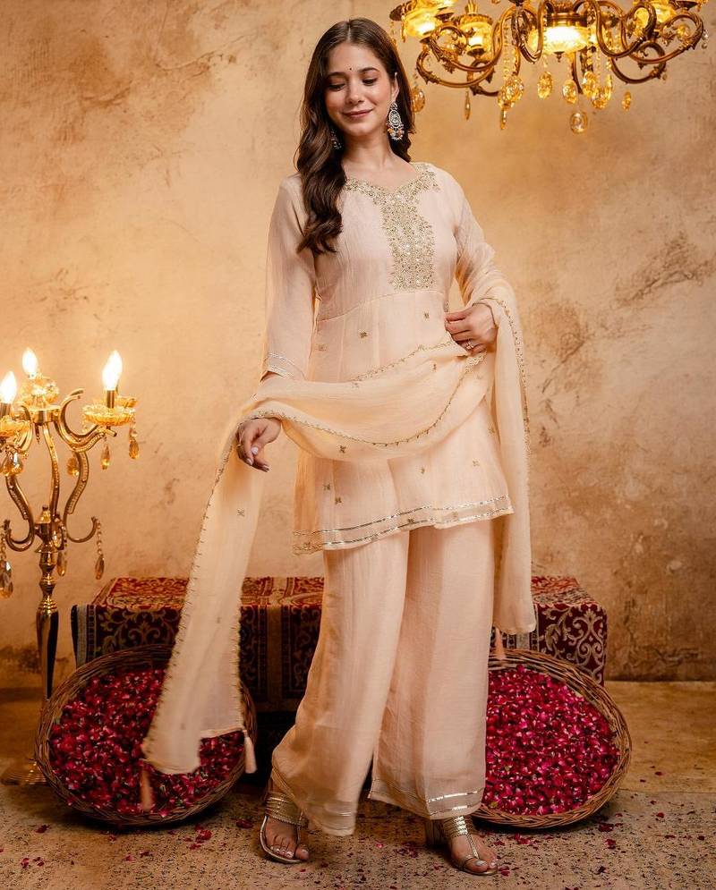  Embroidery Work Crunchy Straight Kurta Palazzo and Dupatta Set