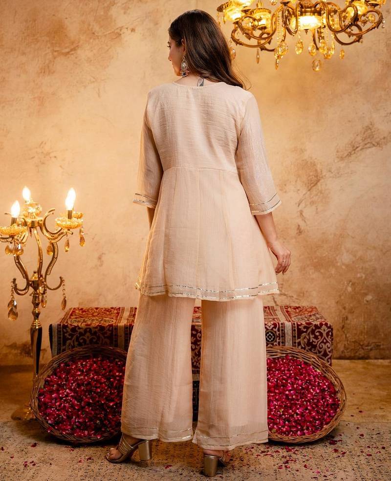  Embroidery Work Crunchy Straight Kurta Palazzo and Dupatta Set