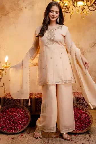  Embroidery Work Crunchy Straight Kurta Palazzo and Dupatta Set