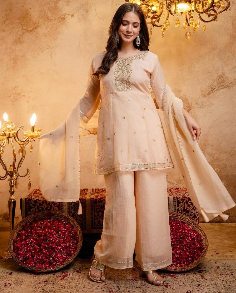  Embroidery Work Crunchy Straight Kurta Palazzo and Dupatta Set