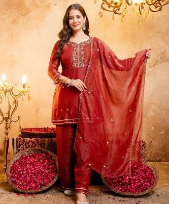  Embroidery Work Crunchy Straight Kurta Palazzo and Dupatta Set 1