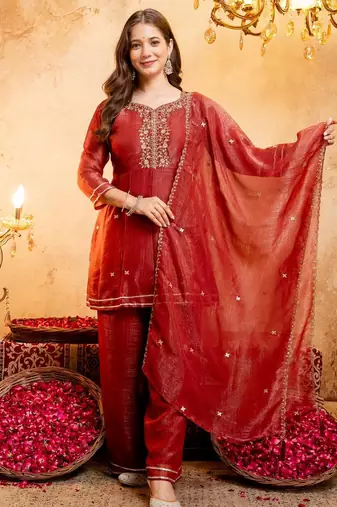  Embroidery Work Crunchy Straight Kurta Palazzo and Dupatta Set