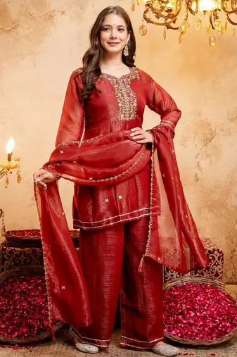  Embroidery Work Crunchy Straight Kurta Palazzo and Dupatta Set