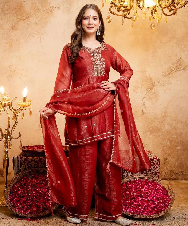  Embroidery Work Crunchy Straight Kurta Palazzo and Dupatta Set